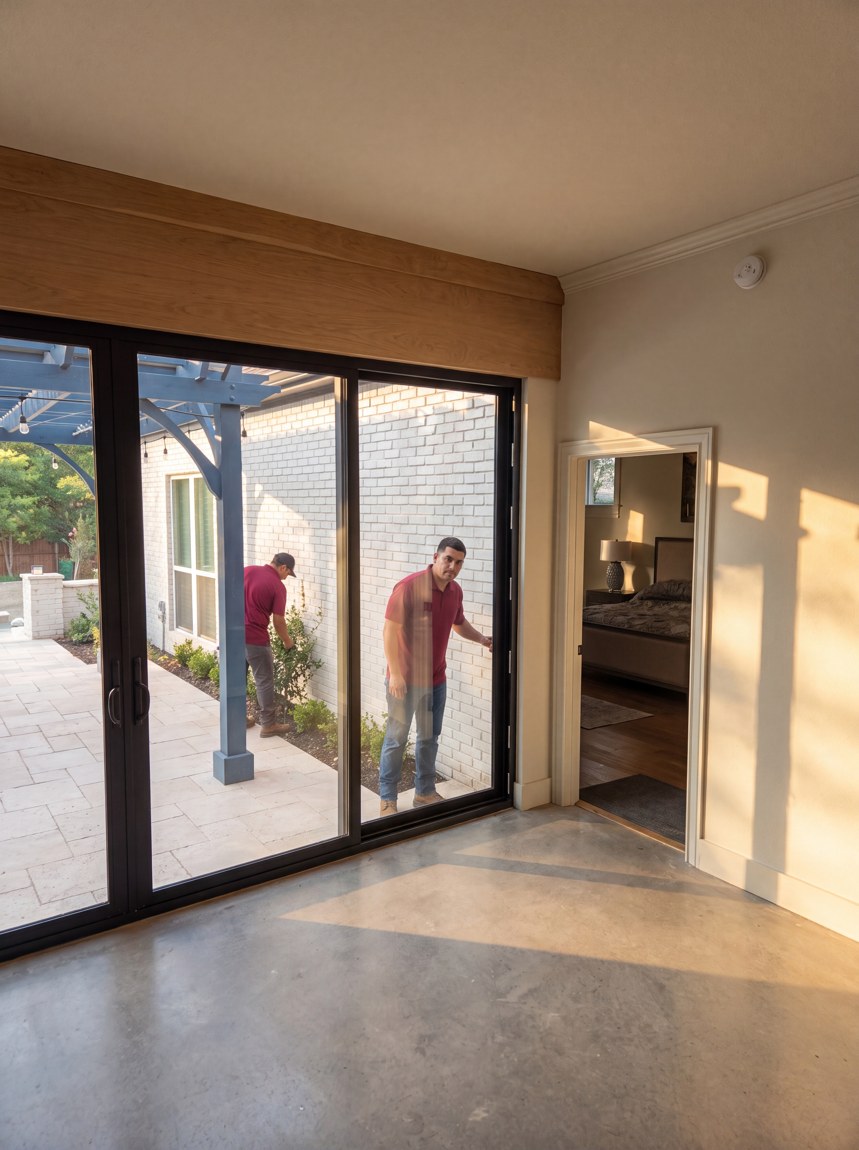 Puerta corrediza multipanel que abre a un patio de ladrillo — un trabajo de Spirit of Texas.
