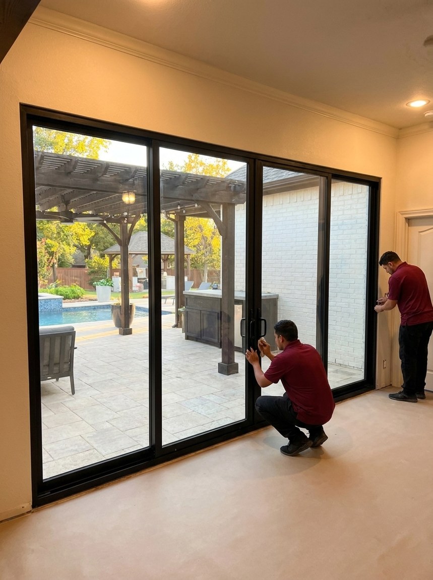Two Spirit of Texas installers in red shirts finishing a sliding-door install, patio side, Central Texas.