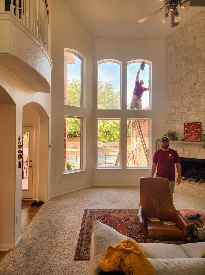A Spirit of Texas installer setting the top pane of a two-story great-room window wall, Central Texas.