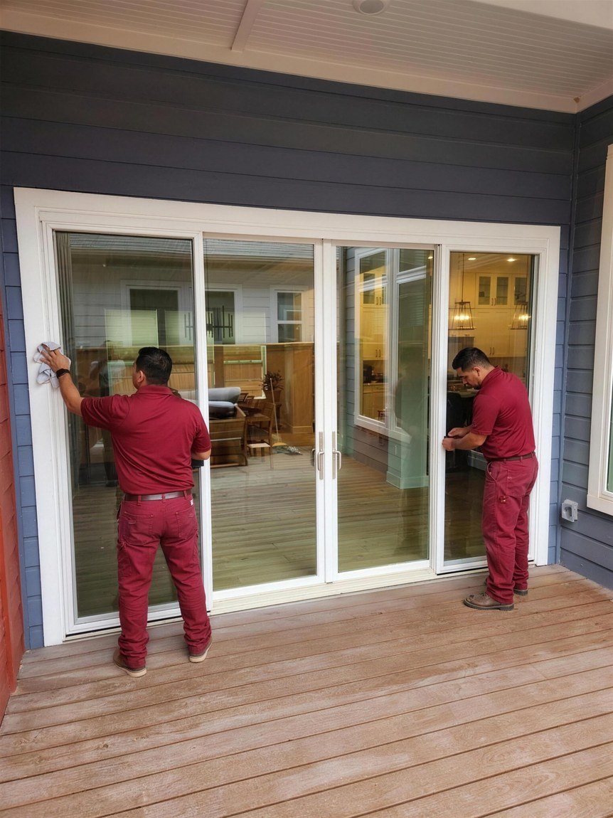 A finished whole-exterior job: two Spirit of Texas crew members finishing a new sliding door and siding, real Central-Texas home.